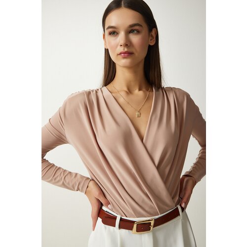  Women's Beige Wrapover Neck Snap-On Knitted Blouse Cijene