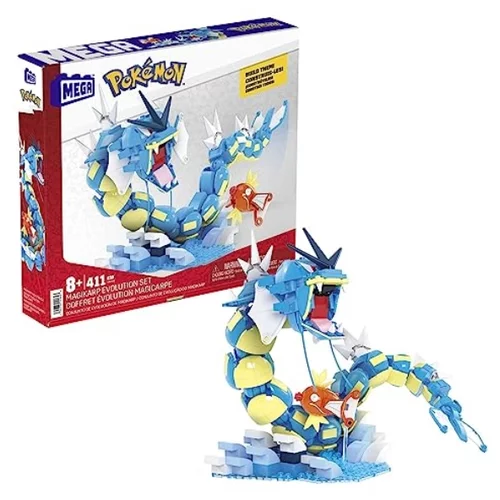 Mattel Mega Pokémon akcijska figura za gradnjo igrač, postavljene za otroke, Magikarp Evolution Set s 411 koščki, gradbeni in pozivni gyarados, 20 palcev, HNT95, (20840342)