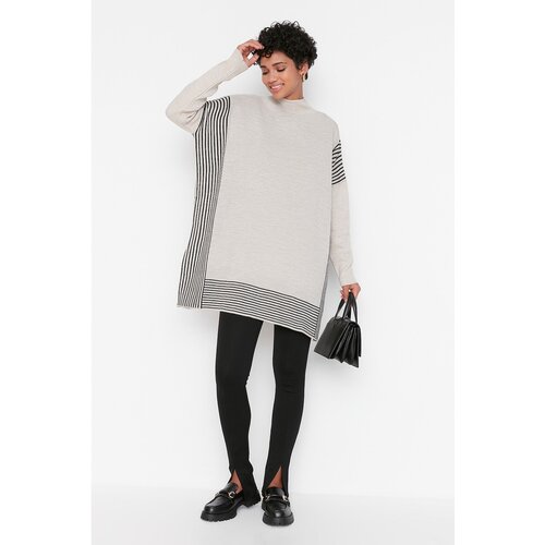 Trendyol Beige Striped Knitwear Poncho Sweater Slike