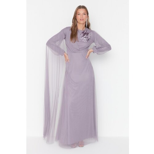 Trendyol Lilac Floral Detailed Sleeve Tulle Hijab Evening Dress Slike