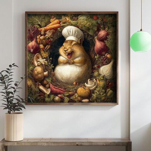 Wallxpert uramljena mdf slika DOS070-70, nasmejana veverica sa kuvarskom kapom među povrćem, 70 x 70 cm Cene