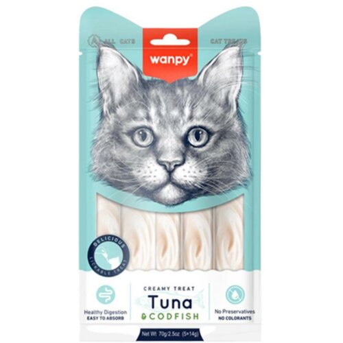 WANPY creamy lickable treats for cats - tuna & bakalar 5x14g Cene