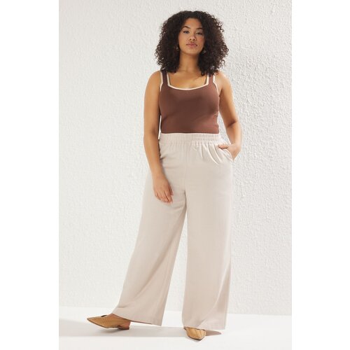 Trendyol Curve Beige Linen Elastic Waist Woven Plus Size Trousers Slike