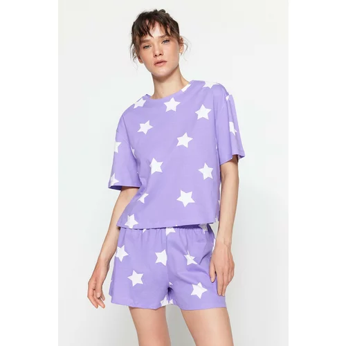 Trendyol Lilac Stars Printed Cotton T-shirt-Shorts Knitted Pajamas Set