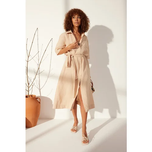 Trendyol Beige 100% Linen Maxi Shirt Dress