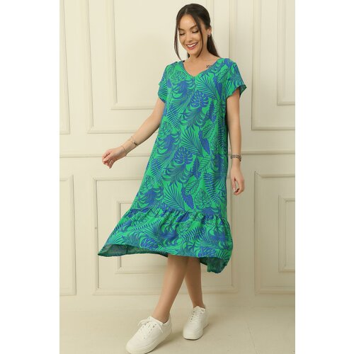 By Saygı V-neck Leaf Pattern Skirt Pleated Oversize Comfortable Fit Viscose Dress Slike
