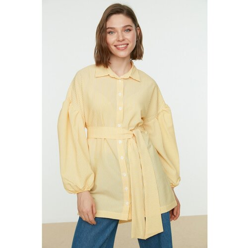 Trendyol Yellow Striped Belted Balloon Sleeves Short Front Long Back Long Woven Shirt Cene