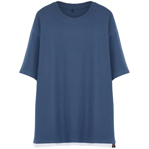 Trendyol Plus Size Indigo Men's Relaxed/Comfortable Cut 100% Cotton Textured T-Shirt Slike