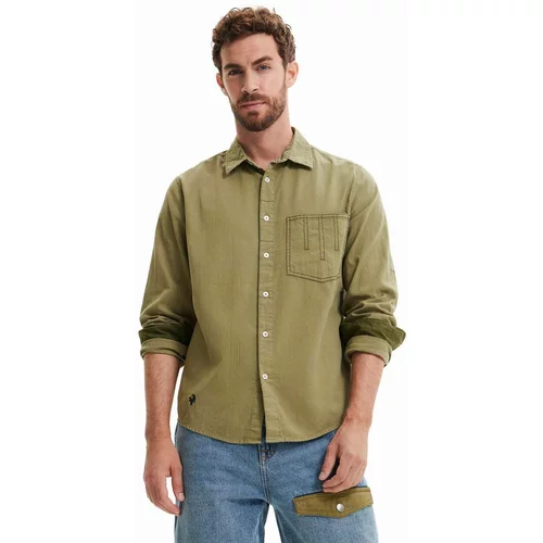 Desigual Pamučna košulja za muškarce, boja: zelena, regular, s klasičnim ovratnikom
