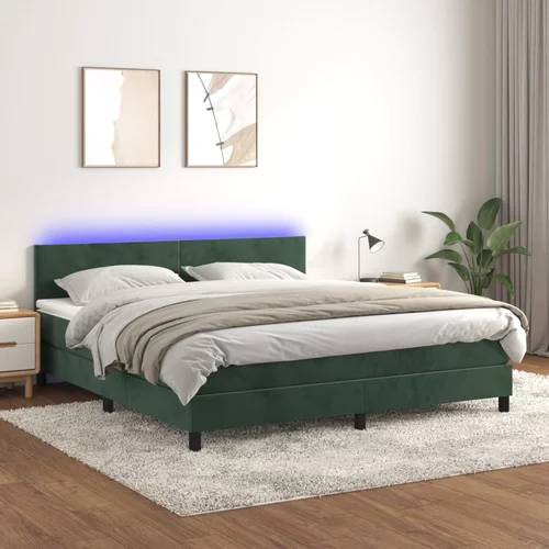 vidaXL Box spring postelja z vzmetnico LED tem. zelena 180x200cm žamet