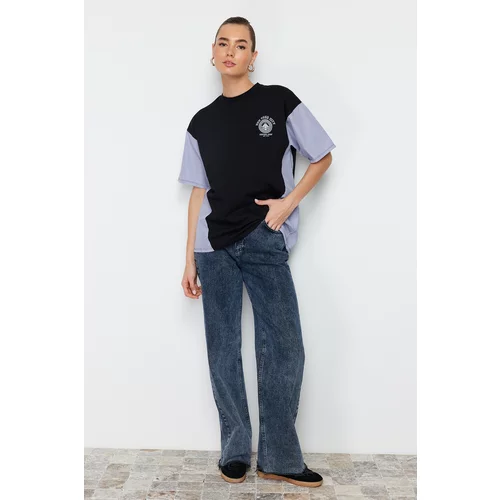 Trendyol Black Oversize/Wide Fit Poplin Detailed Printed Knitted T-Shirt