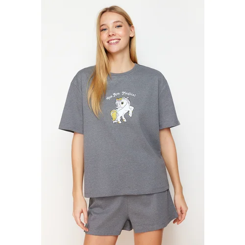 Trendyol Gray Melange Animal Single Jersey Knitted Pajama Set