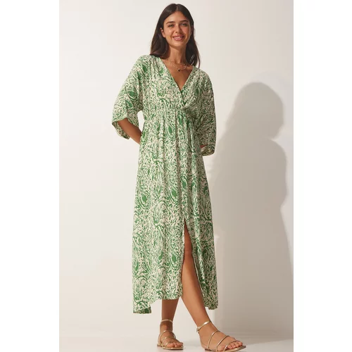 Happiness İstanbul Women's Light Green Deep V-Neck Summer Long Viscose Dress