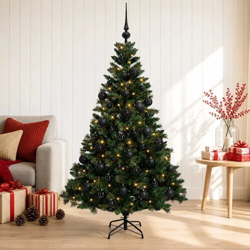  Umjetno božićno drvce s kuglicama 150 cm 150 LED lampica - Zelena 150 cm s LED-ima i crnim lopticama Cijene