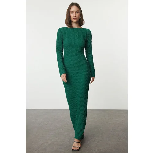 Trendyol Emerald Green Plain Textured Fitted Maxi Knitted Dress