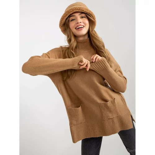 Fashion Hunters Camel long oversize sweater with pockets and a turtleneck