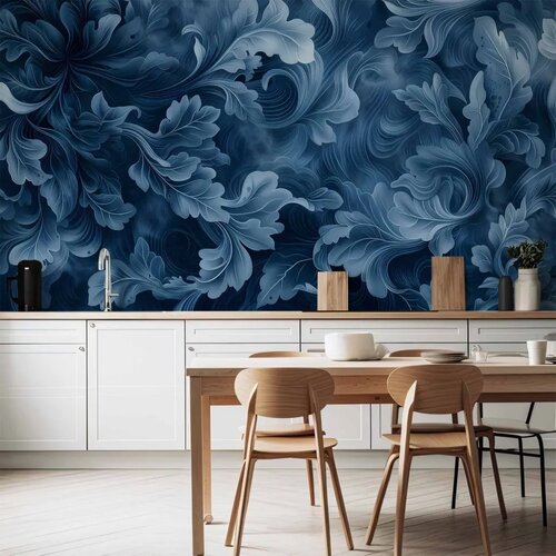  Foto tapeta - Abstract Ornaments: Dark Blue Victorian Leaves 150x105 Vodootporna Cene