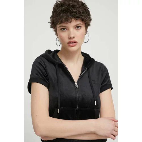Juicy Couture Dukserica od velura boja: crna, s kapuljačom, s aplikacijom