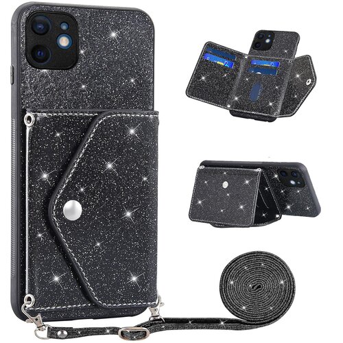 INORCO Za iPhone 12 mini 5,4-palčni ovitek za telefon z naramnim pasom, stojalo, pokrov za držalo za kartice z ble&amp;scaron;čečim dekorjem v prahu, (22034870) Slike