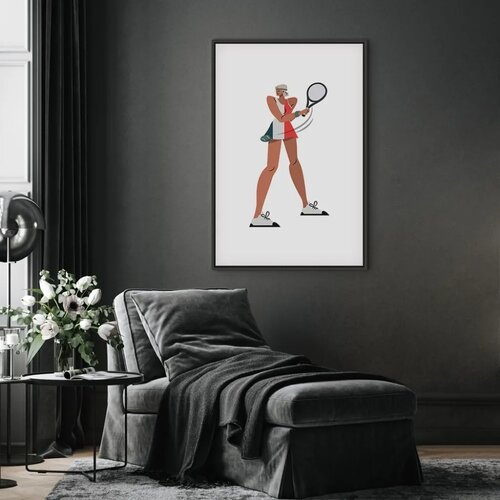 Slika - Tennis Player With a Racket on a Light Background - Illustration 80x120 U crnom drvenom okviru Cene