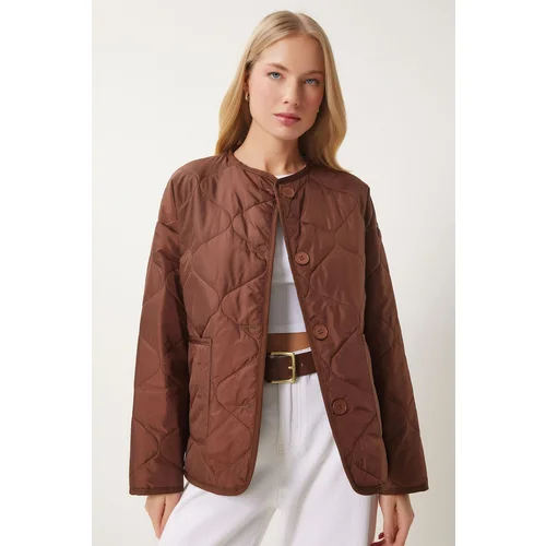 Happiness İstanbul Women's Brown Large Pocket Quilted Jacket