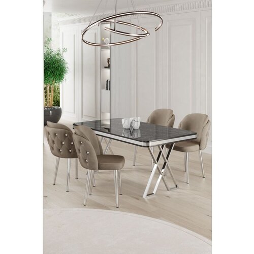 Hanah home Rigel - Black Marble, Chrome, Cappuccino Black MarbleChromeCappuccino Dining Table & Chairs Set (5 Pieces) Cene