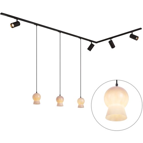 QAZQA Sodoben tirni sistem črn s 4 reflektorji in 3 belimi visečimi svetilkami 1-fazni - Iconic Bell Jeana Luxe Slike