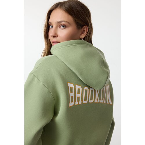 Trendyol Mint*001 Back Print Detailed Hooded Thick Polar Fleece Knitted Sweatshirt Slike