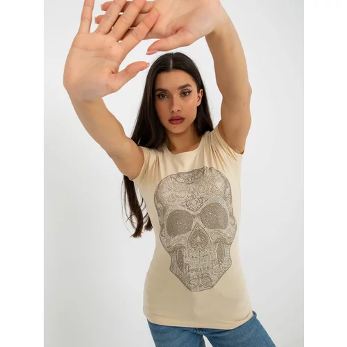 Fashion Hunters Beige fitted T-shirt with rhinestone application