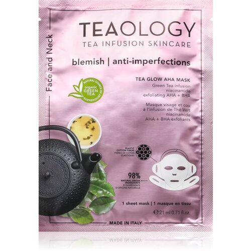 Teaology Tea Glow Blemish AHA Purifying Mask maska iz platna s čistilnim in osvežilnim učinkom za vrat in dekolte 21 ml Cene
