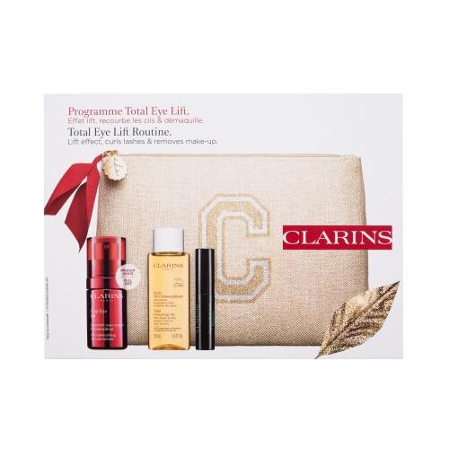 Clarins Total Eye Lift Routine Set krema za okoli oči Total Eye Lift 15 ml + olje za odstranjevanje ličil Total Cleansing Oil 50 ml + maskara Supra Lift & Curl Mascara 3 ml 01 Intense Black + ekološka kozmetična torbica za ženske Cene