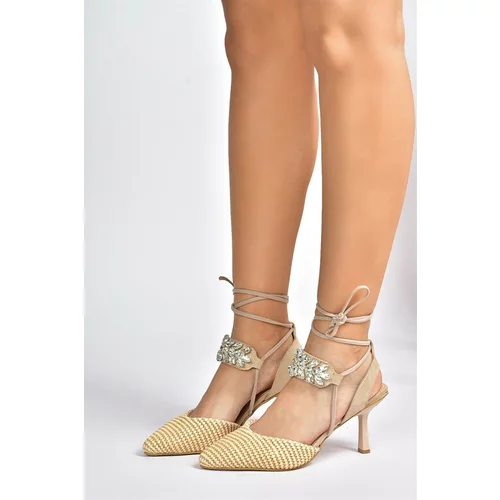 Fox Shoes Women's Beige Straw Stone Detailed Heeled Shoes