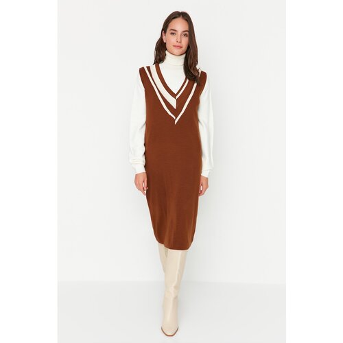 Trendyol Brown V Neck Knitwear Dress Slike