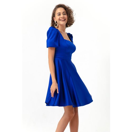 Lafaba Women's Sax Balloon Sleeve Flared Cut Mini Satin Evening Dress Cijene