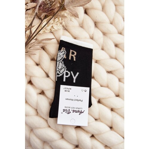 Kesi Women's cotton socks with inscription and teddy bear, black Cene