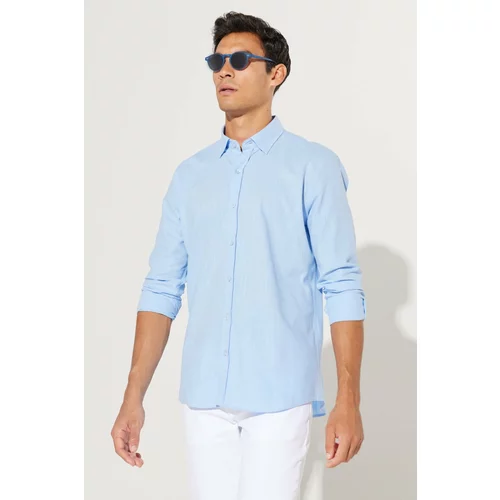 AC&Co / Altınyıldız Classics Men's Blue Tailored Slim Fit Slim-fit Oxford Buttoned Collar Linen-Looking 100% Cotton Flared Shirt.