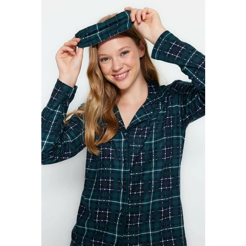Trendyol Green Checkered Sleeping Band Shirt-Pants and Knitted Pajamas Set