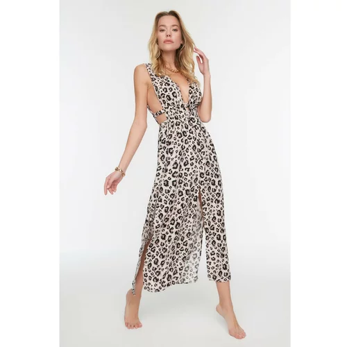 Trendyol Leopard Patterned Slit Detailed Viscose Beach Dress