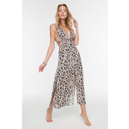 Trendyol Leopard Patterned Slit Detailed Viscose Beach Dress Slike