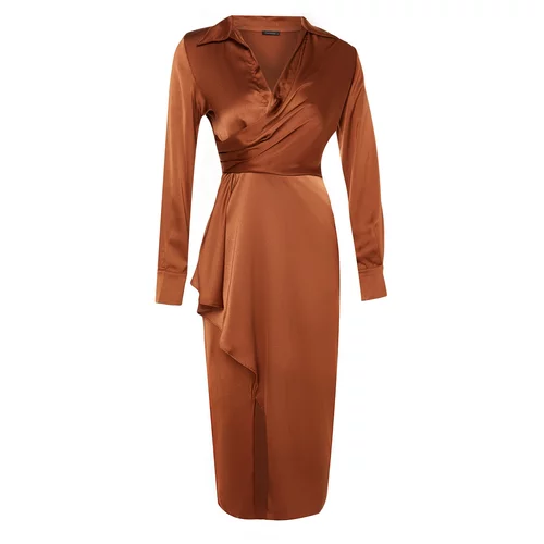 Trendyol Evening Dress In Brown Wrapped Satin Evening Dress