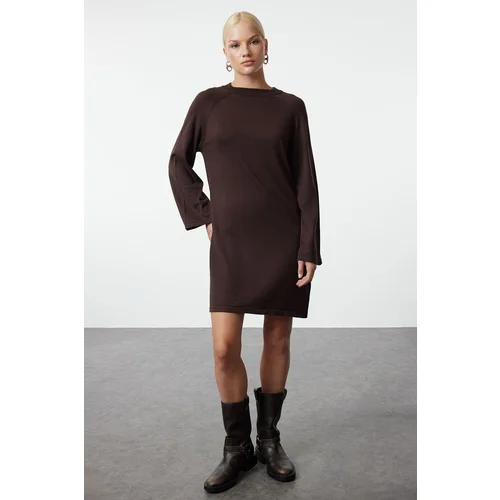 Trendyol Dark Brown Mini Knit Basic Cotton Dress