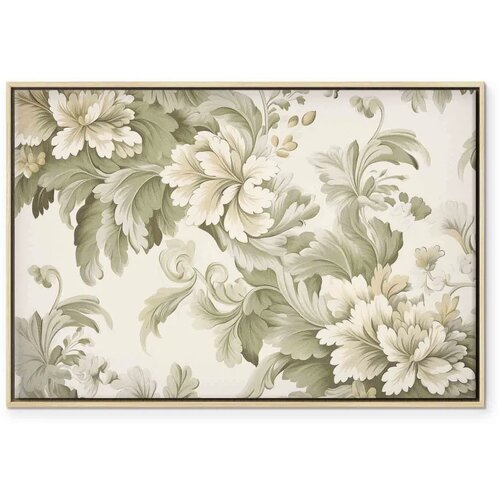  Slika - Retro Vintage Flowers in Delicate Cream and Green Colors 90x60 U prirodnom drvenom okviru Slike