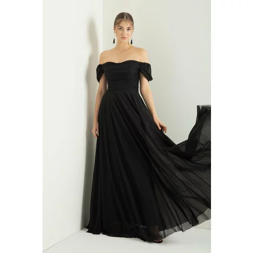 Lafaba Women's Black Boat Collar Draped Long Glittery Evening Dress with a Slit.