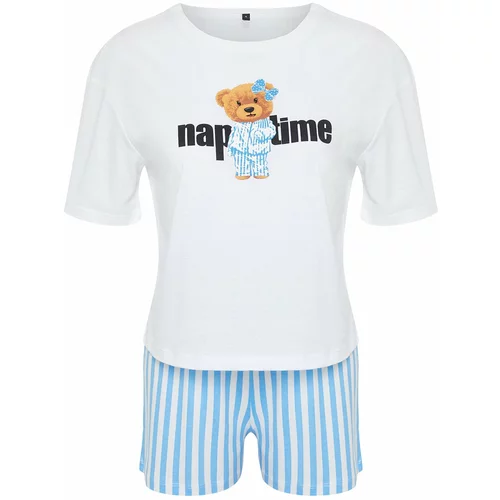Trendyol White-Multicolor 100% Cotton Striped Knitted Pajamas Set