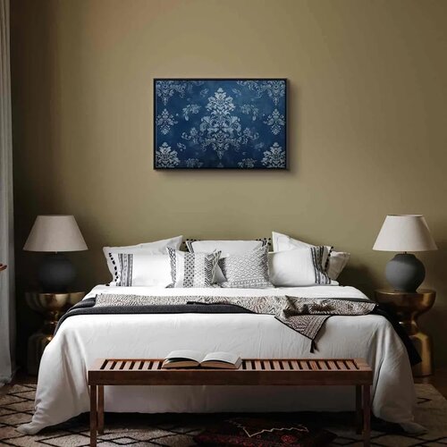  Slika - Retro Ornament Decorative Motif in Worn Blues 90x60 U crnom drvenom okviru Slike
