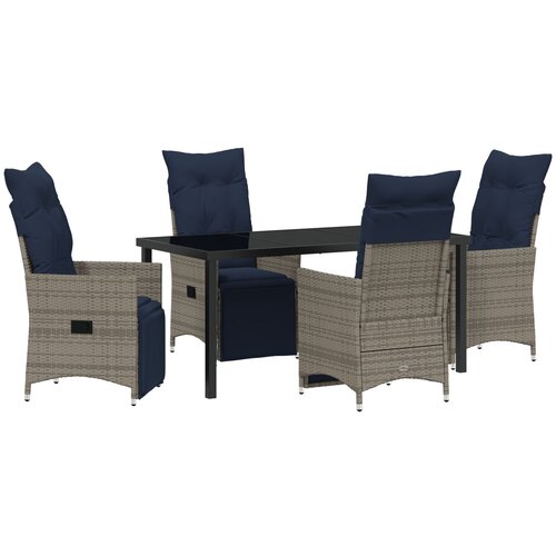 vidaXL 5-delna vrtna jedilna garnitura z blazinami siva poli ratan, vrtna miza črna 160x80x73 cm kaljeno steklo Cene