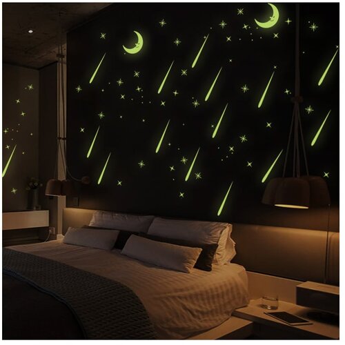 Ambiance zidne samoljepljive svjetleće naljepnice Moon And Falling Stars Slike