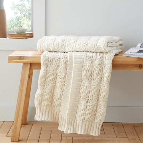 Catherine Lansfield Bela/bež pletena odeja 130x170 cm Chunky Marl Knit – Cene
