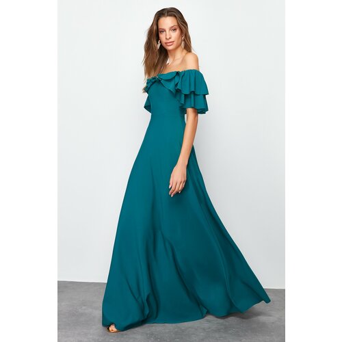 Trendyol Emerald Green Waist Opening/Skater Woven Flounced Long Evening Dress Cene