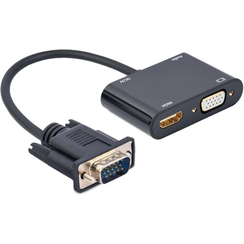 VIDEO adapter kabl, VGA to HDMI + VGA adapter cable, 0.15 m, black, GEMBIRD A-VGA-HDMI-02 Slike